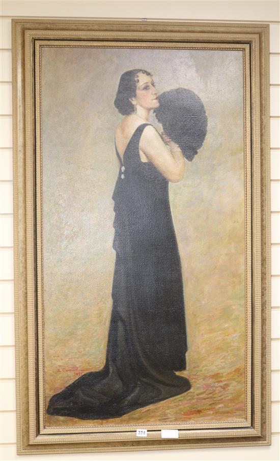 A Cavotti Full length portrait of a lady wearing an evening gown 45 x 24in.